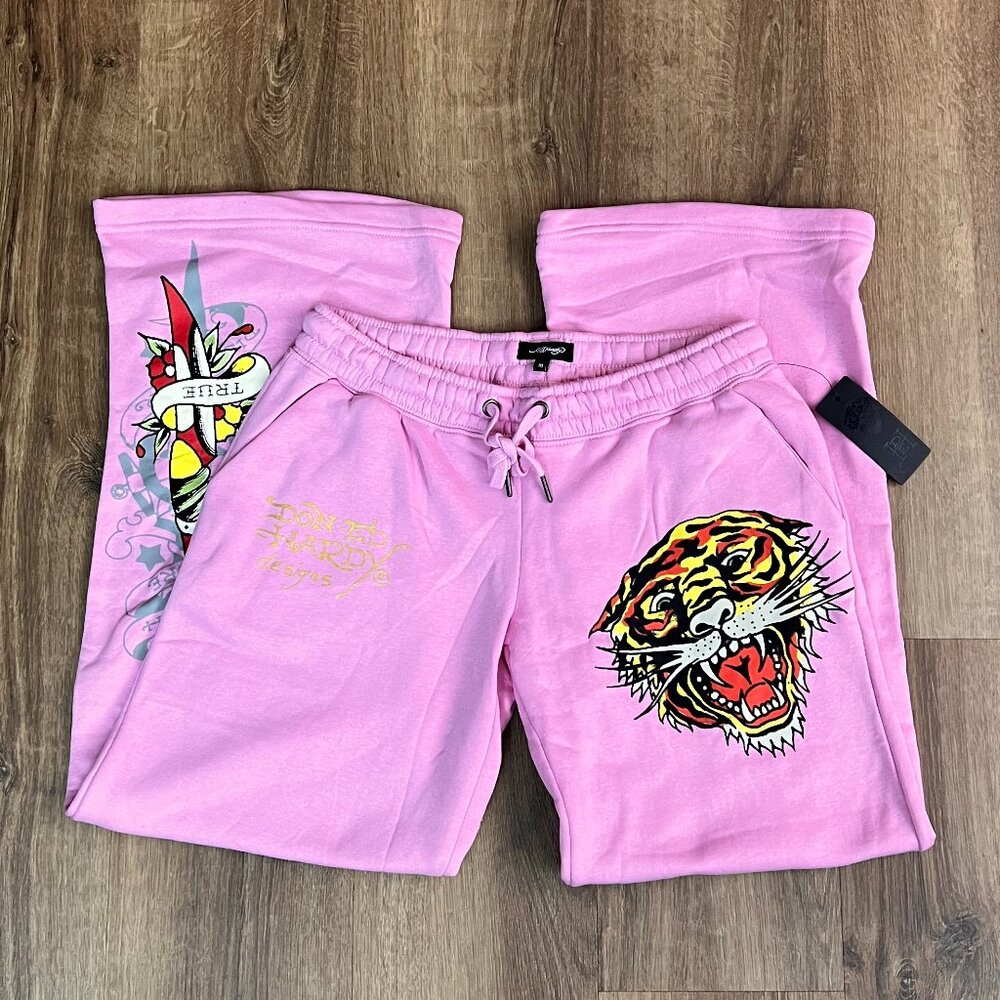 NEW Ed Hardy Tiger Tattoo Wide Leg Pink Jogger Sweatpants Y2K - Picture 1 of 15